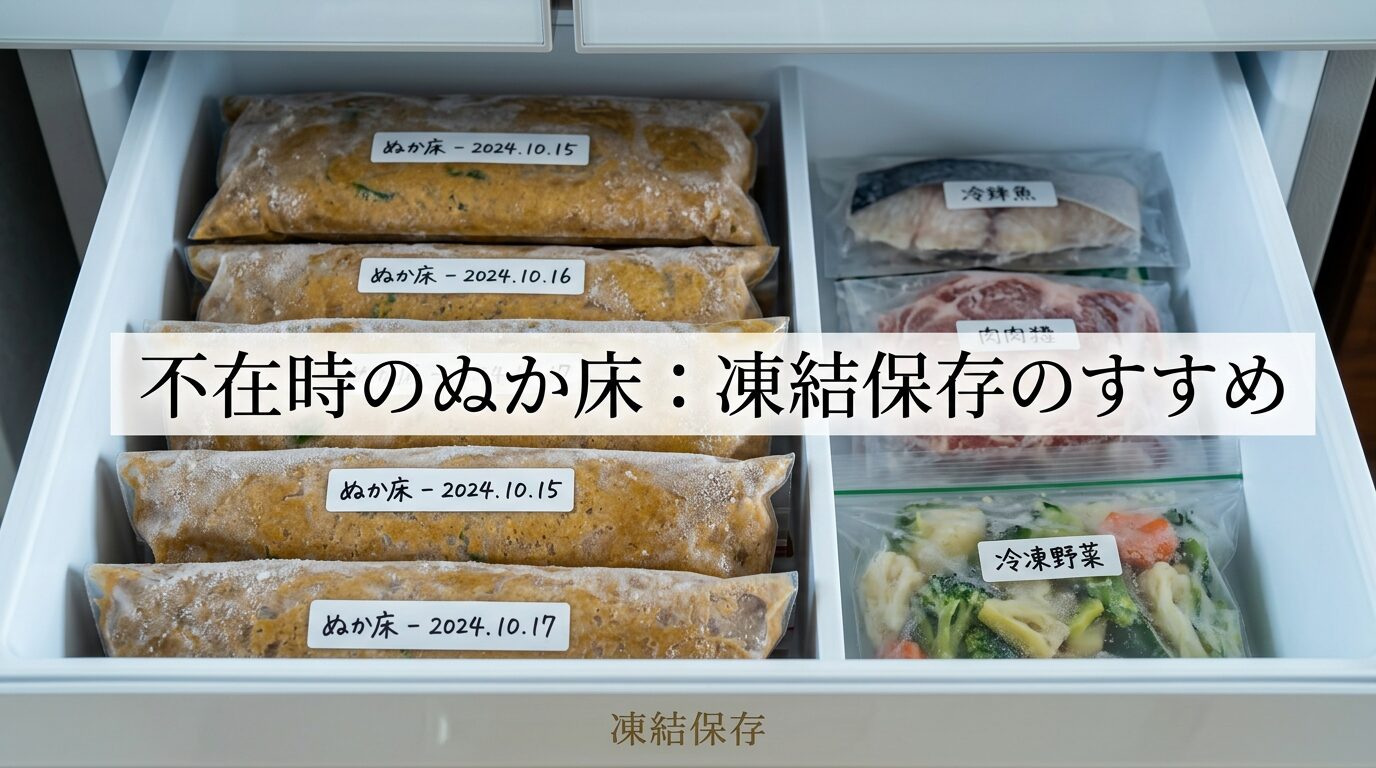 1ヶ月以上の長期不在も怖くない!ぬか床を「冬眠」させる究極の保存術 Firefly_Gemini Flash_A premium, highly detailed, modern Japanese style eye-catch image for a blog post abo 939776